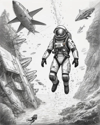 aquanaut,space walk,sci fiction illustration,spacesuit,deep sea diving,astronaut,spacewalk,spacewalks,deep-submergence rescue vehicle,space suit,astronautics,submersible,exploration of the sea,underwater diving,spaceman,astronauts,scuba,space-suit,scuba diving,diver,Illustration,Black and White,Black and White 30