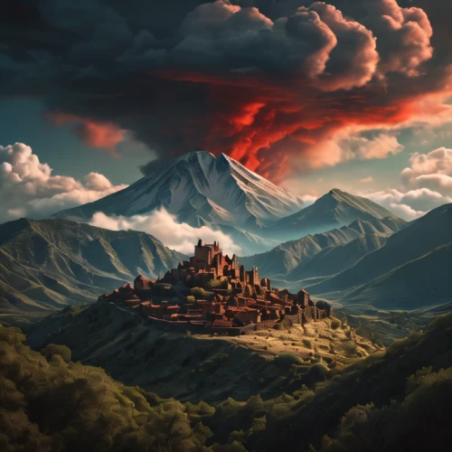 fire mountain,volcanic landscape,fantasy landscape,volcano,mountain settlement,cloud mountain,fantasy picture,the volcano,world digital painting,mountain landscape,mountain scene,fire in the mountains,volcanic,mountain world,mountainous landscape,volcanos,volcanic field,stratovolcano,volcanoes,volcanism,Photography,General,Fantasy