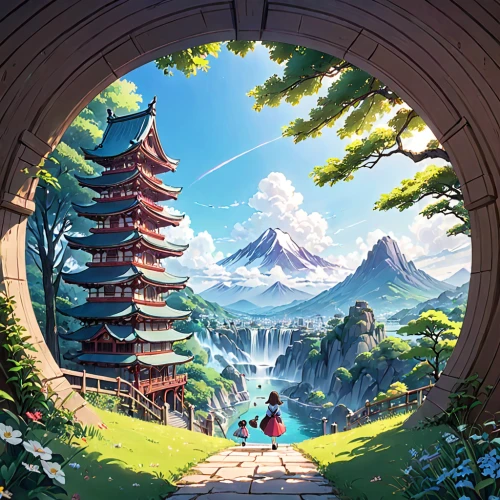 studio ghibli,fantasy landscape,landscape background,japan landscape,mountain world,japanese background,fantasy world,3d fantasy,game illustration,fairy world,world digital painting,fantasy picture,cartoon video game background,dream world,chinese background,backgrounds,children's background,bird kingdom,south korea,background image,Anime,Anime,Traditional