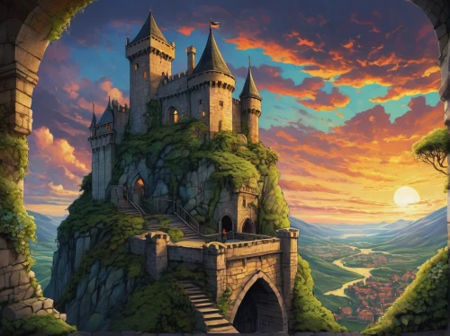 fairy tale castle,castle of the corvin,knight's castle,fantasy landscape,fairytale castle,hogwarts,ruined castle,bethlen castle,castle,castel,meteora,summit castle,fantasy picture,medieval castle,castle ruins,water castle,castleguard,castles,fantasy art,gold castle,Illustration,Realistic Fantasy,Realistic Fantasy 23