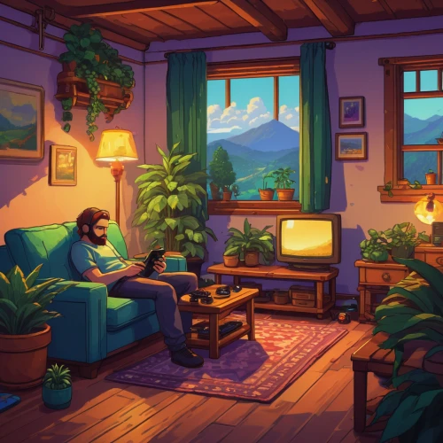 the cabin in the mountains,livingroom,game illustration,home landscape,living room,summer cottage,digital nomads,cabin,summer evening,evening atmosphere,hideaway,game art,sitting room,cottage,small cabin,staying indoors,indoors,world digital painting,retro styled,shared apartment,Conceptual Art,Oil color,Oil Color 01