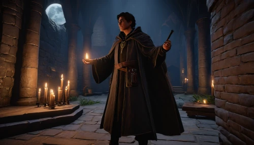 candlemaker,dodge warlock,monk,wizard,quarterstaff,the abbot of olib,hall of the fallen,mage,the wizard,archimandrite,monks,long coat,magus,hooded man,candle wick,accolade,the wanderer,elven,imperial coat,games of light,Art,Classical Oil Painting,Classical Oil Painting 09