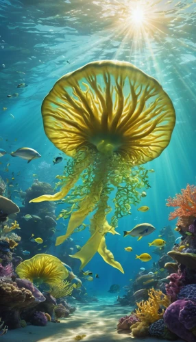 underwater landscape,underwater background,sea life underwater,ocean underwater,jellyfish,sea animals,underwater world,lion's mane jellyfish,marine life,yellow anemone,undersea,cnidaria,sea-life,under sea,sealife,marine invertebrates,aquatic animals,coral reef,marine diversity,sea anemone,Illustration,Japanese style,Japanese Style 19