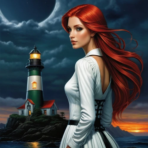 the sea maid,celtic woman,lighthouse,fantasy picture,red lighthouse,electric lighthouse,fantasy art,light house,red-haired,ariel,petit minou lighthouse,scarlet sail,sci fiction illustration,red head,sea fantasy,celtic queen,guiding light,redheads,redheaded,clary,Conceptual Art,Fantasy,Fantasy 30