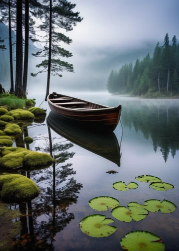 boat landscape,calm water,calm waters,canoeing,wooden boat,canoes,beautiful lake,tranquility,rowboat,canoe,rowboats,row boat,vancouver island,abandoned boat,backwaters,foggy landscape,little boat,sunken boat,row-boat,paddle boat,Illustration,Realistic Fantasy,Realistic Fantasy 10