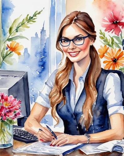 girl at the computer,office worker,secretary,receptionist,bussiness woman,watercolor women accessory,white-collar worker,businesswoman,business woman,women in technology,administrator,accountant,librarian,watercolor background,bookkeeper,place of work women,illustrator,work at home,switchboard operator,caricaturist,Illustration,Paper based,Paper Based 24
