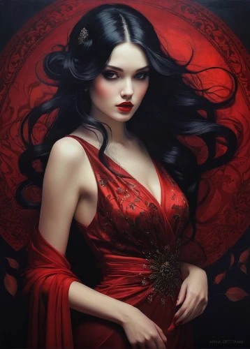 gothic portrait,red rose,lady in red,mystical portrait of a girl,queen of hearts,vampire lady,vampire woman,red gown,fantasy portrait,black rose hip,red roses,widow flower,fantasy art,red petals,the enchantress,red magnolia,red lantern,red spider lily,red ribbon,gothic woman,Illustration,Realistic Fantasy,Realistic Fantasy 15
