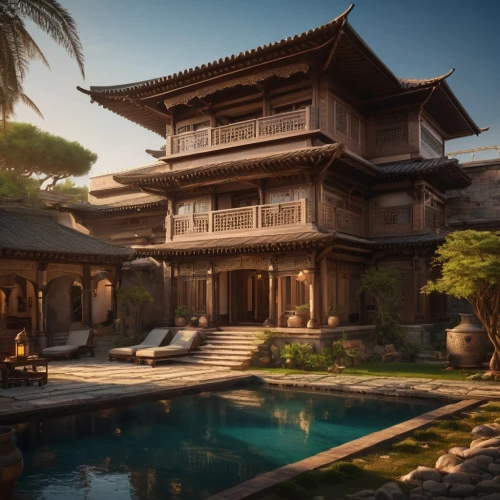 asian architecture,tropical house,bali,japanese architecture,chinese architecture,pool house,holiday villa,beautiful home,ancient house,traditional house,balinese,house by the water,oriental,luxury property,ryokan,pagoda,dunes house,3d rendering,luxury home,mansion,Photography,General,Fantasy