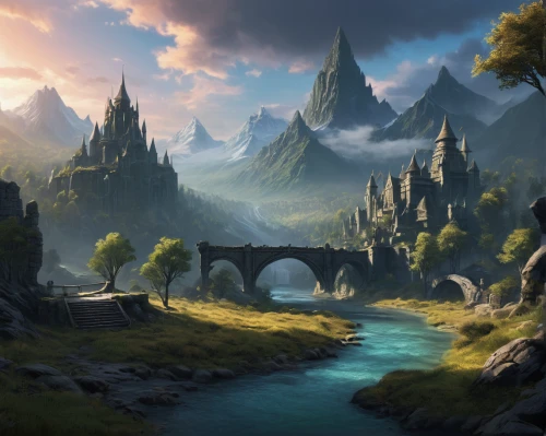 fantasy landscape,fantasy picture,landscape background,fantasy art,mountainous landscape,world digital painting,mountain landscape,northrend,river landscape,3d fantasy,cartoon video game background,the valley of the,beautiful landscape,futuristic landscape,meteora,dragon bridge,valley,high landscape,mountain settlement,fantasy world,Conceptual Art,Fantasy,Fantasy 32