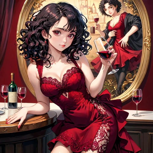 poker primrose,red wine,wine diamond,lady in red,a glass of wine,two glasses,man in red dress,french valentine,glass of wine,wine,barmaid,wine glasses,diamond red,queen of hearts,victorian style,liqueur,victorian lady,wine glass,two types of wine,bartender,Anime,Anime,General