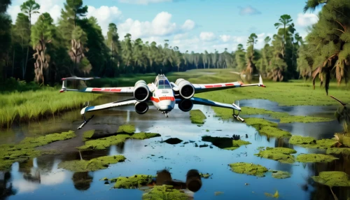 x-wing,tiltrotor,delta-wing,alligator alley,seaplane,jetsprint,air combat,sport aircraft,light aircraft,swampy landscape,plane wreck,cessna 206,north american p-51 mustang,radio-controlled aircraft,ground attack aircraft,cessna 185,swamp,aircraft take-off,plane crash,low water crossing