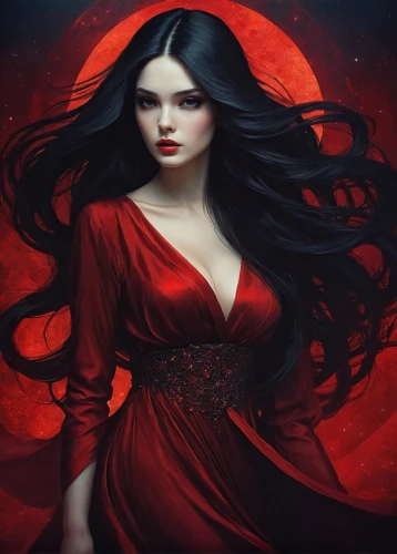 vampire woman,vampire lady,lady in red,red riding hood,blood moon,gothic woman,red gown,gothic portrait,sorceress,man in red dress,fantasy art,mystical portrait of a girl,queen of hearts,fantasy portrait,lady of the night,vampire,black rose hip,red,scarlet witch,queen of the night,Illustration,Realistic Fantasy,Realistic Fantasy 15