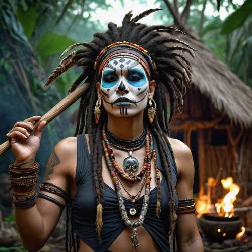 tribal chief,shamanic,shamanism,shaman,aborigine,voodoo woman,pachamama,warrior woman,tribal masks,tribal,aztec,catrina calavera,indian headdress,native american,aborigines,headdress,la catrina,american indian,indigenous culture,papuan,Illustration,Realistic Fantasy,Realistic Fantasy 12