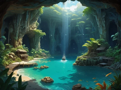 underwater oasis,fantasy landscape,cave on the water,underwater landscape,underground lake,cenote,sea caves,sea cave,fantasy picture,karst landscape,lagoon,waterfall,ravine,waterfalls,mountain spring,water fall,blue cave,wasserfall,cave,water spring,Art,Artistic Painting,Artistic Painting 50