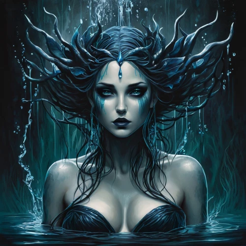 blue enchantress,water nymph,merfolk,siren,water creature,ice queen,water lotus,medusa,submerge,submerged,rusalka,sirens,water-the sword lily,under the water,the sea maid,the enchantress,deep sea,god of the sea,underwater,undersea,Conceptual Art,Fantasy,Fantasy 34
