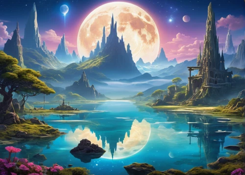 fantasy landscape,fantasy picture,lunar landscape,fantasy world,fantasy art,3d fantasy,fairy world,landscape background,dream world,fantasy city,futuristic landscape,world digital painting,moon valley,valley of the moon,an island far away landscape,cartoon video game background,dreamland,moon and star background,fantasia,fairy village,Illustration,Abstract Fantasy,Abstract Fantasy 10