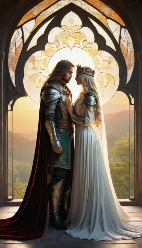 fantasy picture,throughout the game of love,heroic fantasy,romantic portrait,a fairy tale,romance novel,games of light,thorin,silver wedding,camelot,romantic scene,fairy tale,fantasy art,prince and princess,accolade,amorous,bride and groom,wedding couple,fairytale,fantasy portrait,Illustration,Retro,Retro 23