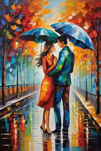 romantic scene,oil painting on canvas,dancing couple,art painting,walking in the rain,oil painting,romantic portrait,love in the mist,love couple,in the rain,umbrellas,couple in love,motif,young couple,romantic,love in air,amorous,loving couple sunrise,two people,as a couple,Conceptual Art,Oil color,Oil Color 24