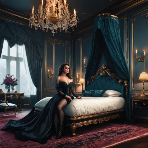 ornate room,four poster,agent provocateur,woman on bed,napoleon iii style,blue room,four-poster,bedroom,baroque,royal lace,chateau margaux,queen anne,luxurious,black velvet,vanity fair,elegant,elegance,mazarine blue,venetia,queen of the night,Conceptual Art,Fantasy,Fantasy 02