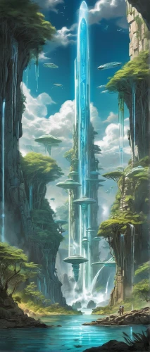 futuristic landscape,fantasy landscape,mushroom landscape,ancient city,wasserfall,high landscape,mushroom island,imperial shores,water fall,arcanum,waterfall,fairy chimney,fantasy picture,fantasy world,waterfalls,alien world,water falls,floating island,landscape background,backgrounds,Illustration,Black and White,Black and White 30