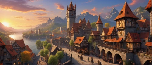 medieval town,fantasy landscape,fantasy city,knight village,hogwarts,fantasy picture,fantasy world,fantasy art,heroic fantasy,3d fantasy,hamelin,fairy tale castle,medieval architecture,aurora village,medieval,fairy tale,hot-air-balloon-valley-sky,escher village,world digital painting,castle of the corvin,Illustration,American Style,American Style 03