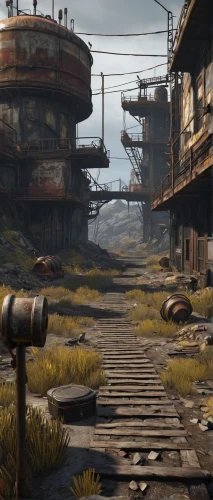 wasteland,fallout4,fallout,industrial landscape,post-apocalyptic landscape,post apocalyptic,ship yard,industrial ruin,refinery,junkyard,salvage yard,scrapyard,industries,shipyard,lost place,mining facility,industrial area,docks,fresh fallout,factories,Illustration,Paper based,Paper Based 11