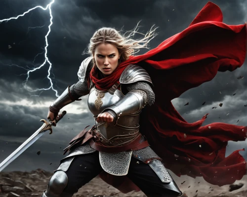god of thunder,female warrior,thor,strong woman,joan of arc,warrior woman,strong women,norse,heroic fantasy,woman power,cleanup,woman strong,hard woman,digital compositing,fullmetal alchemist edward elric,litecoin,strom,sprint woman,massively multiplayer online role-playing game,biblical narrative characters,Illustration,Realistic Fantasy,Realistic Fantasy 06