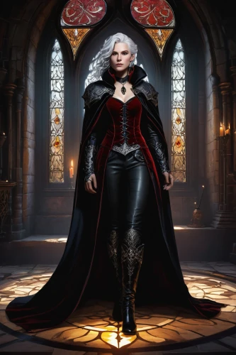 gothic portrait,vampire woman,heroic fantasy,celtic queen,vampire lady,gothic woman,dark elf,queen of hearts,imperial coat,sorceress,magistrate,fantasy portrait,red coat,white rose snow queen,evil woman,regal,collectible card game,dracula,queen s,fantasy picture,Illustration,American Style,American Style 06