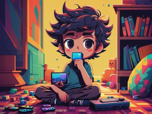 game addiction,gameboy,game boy,playing room,kids illustration,child with a book,game illustration,gamecube,child playing,game drawing,pixel cube,digital illustration,bookworm,pixel art,colorful doodle,gamer,computer addiction,lonely child,pixels,game art,Illustration,Abstract Fantasy,Abstract Fantasy 03