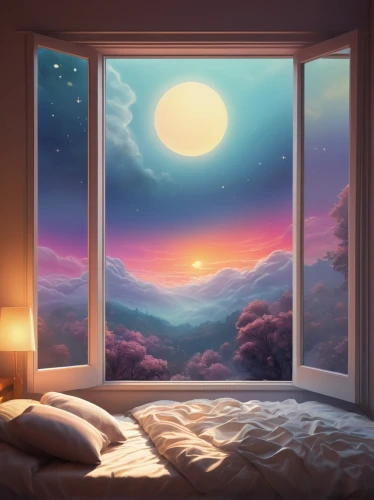 bedroom window,sleeping room,window to the world,dream world,dreamland,fantasy landscape,mountain sunrise,bedroom,dreaming,dreamy,fantasy picture,landscape background,window view,dreams,dawn,window,room,world digital painting,background vector,evening atmosphere,Photography,Documentary Photography,Documentary Photography 16