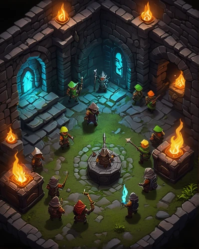 tavern,dungeon,castle iron market,collected game assets,dungeons,fireplaces,firepit,hearth,witch's house,torchlight,campfire,stone oven,charcoal kiln,cauldron,isometric,druid grove,fireside,ancient house,wishing well,game illustration,Illustration,Paper based,Paper Based 21