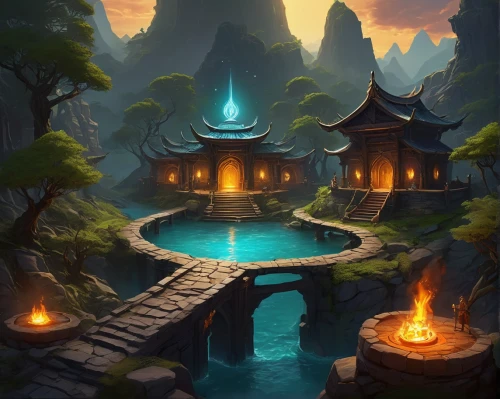 ancient city,druid grove,fantasy landscape,chinese temple,background with stones,backgrounds,buddhist temple,lanterns,hanging temple,wishing well,shrine,stone lotus,landscape background,hot spring,mountain spring,chinese background,sacred lotus,thai temple,crescent spring,hall of supreme harmony,Art,Artistic Painting,Artistic Painting 26