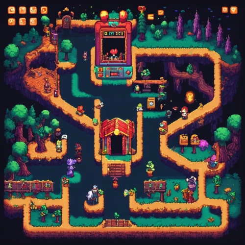 fairy village,dungeon,witch's house,knight village,tavern,rainbow world map,ancient city,chasm,resort town,fantasy city,knight's castle,aurora village,tileable,dungeons,space port,catacombs,mining facility,large home,marketplace,druid grove,Unique,Pixel,Pixel 04