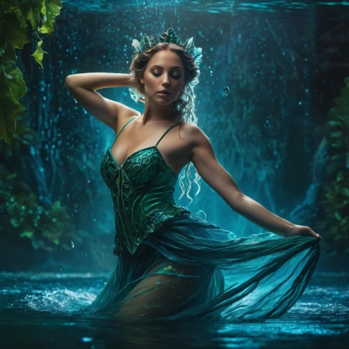 water nymph,faery,celtic woman,faerie,fairy queen,fantasy picture,mermaid background,the enchantress,green mermaid scale,merfolk,dryad,rusalka,fae,the blonde in the river,siren,hula,green waterfall,celtic queen,blue enchantress,fantasy art,Photography,General,Fantasy