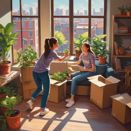 shared apartment,house plants,apartment,an apartment,ikebana,together cleaning the house,window sill,windowsill,sci fiction illustration,houseplant,playing room,morning light,green living,world digital painting,livingroom,game illustration,apartment lounge,moving boxes,painting technique,living room,Conceptual Art,Daily,Daily 29