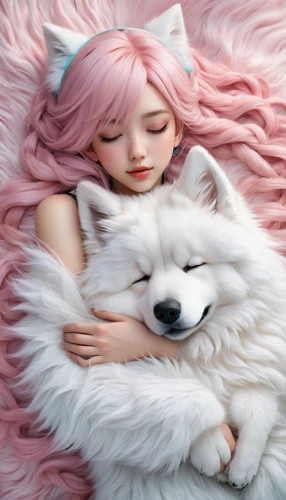 samoyed,kitsune,girl with dog,japanese spitz,pillow,sleeping rose,companion dog,the dog a hug,cuddle,american eskimo dog,fantasy picture,wolf couple,snuggle,dream world,canine rose,comfort,sleeping dog,the sleeping rose,sleeping,pomeranian,Conceptual Art,Fantasy,Fantasy 03