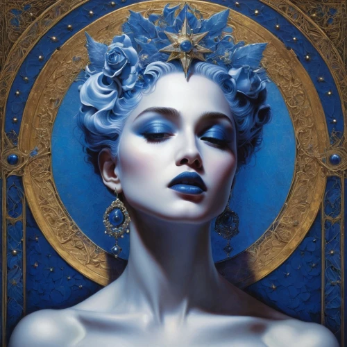 blue enchantress,the snow queen,blue rose,blue painting,cobalt blue,queen of the night,mazarine blue,ice queen,art nouveau,silvery blue,priestess,jasmine blue,blue room,mystique,sapphire,venus,gemini,majorelle blue,zodiac sign gemini,fantasy portrait,Illustration,Realistic Fantasy,Realistic Fantasy 05