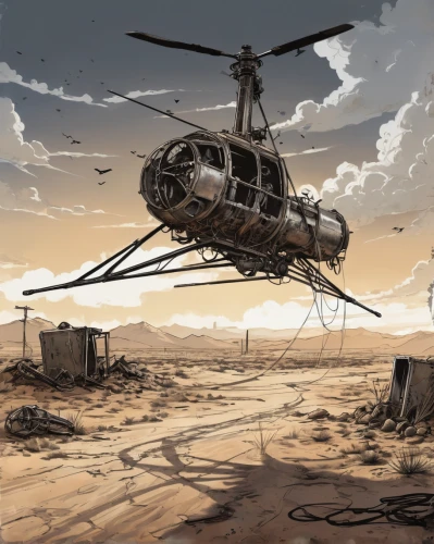post-apocalyptic landscape,military helicopter,desert locust,helicopters,uh-60 black hawk,ah-1 cobra,rotorcraft,helicopter,sci fiction illustration,boeing ch-47 chinook,post apocalyptic,bell 206,bell 214,mh-60s,sandstorm,district 9,hospital landing pad,helipad,wasteland,black hawk sunrise,Illustration,Black and White,Black and White 34
