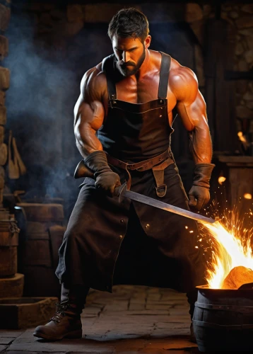 blacksmith,steelworker,wood shaper,foundry,tinsmith,splitting maul,iron-pour,hercules,dwarf cookin,brick-making,forge,smelting,fire master,iron wood,wolverine,brawny,male character,iron pour,tandoor,wood chopping,Illustration,Realistic Fantasy,Realistic Fantasy 04