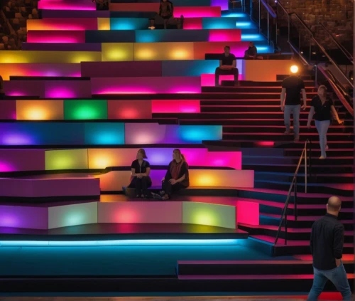 vivid sydney,icon steps,water stairs,colored lights,steps,stairs,winding steps,landscape lighting,stone stairs,ambient lights,staircase,amphitheater,outside staircase,stairway,stair,stone stairway,light art,decorative fountains,futuristic art museum,winners stairs,Photography,General,Cinematic