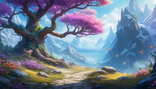 fairy forest,fantasy landscape,elven forest,druid grove,fairy world,mushroom landscape,forest glade,fairy village,fairytale forest,fantasy picture,forest landscape,forest background,enchanted forest,forest of dreams,purple landscape,flourishing tree,forest path,cartoon video game background,landscape background,cartoon forest,Illustration,Realistic Fantasy,Realistic Fantasy 01