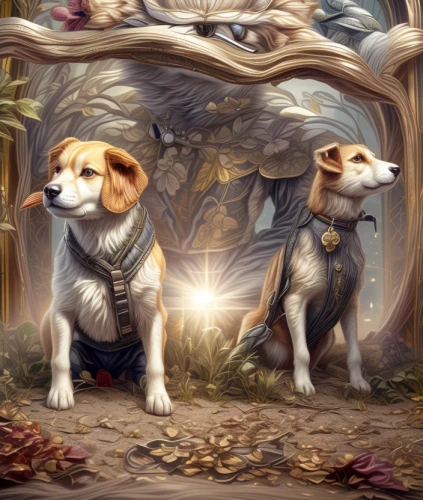 companion dog,dog illustration,beagle,jack russel,canidae,corgis,scent hound,jack russell,pet portrait,beaglier,boy and dog,fall animals,fantasy portrait,fantasy picture,two dogs,game illustration,jack russell terrier,english foxhound,parson russell terrier,fantasy art