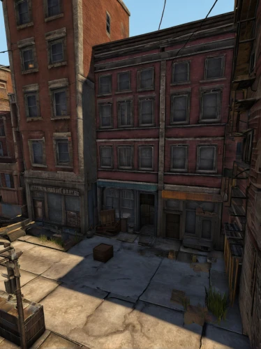 old linden alley,alleyway,townscape,tenement,brownstone,cobble,freight depot,seamless texture,warehouse,rustico,blind alley,townhouses,apartment house,slums,store fronts,fire escape,industrial area,industrial building,half life,narrow street,Illustration,Retro,Retro 14