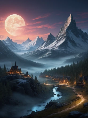 fantasy landscape,fantasy picture,mountain settlement,moonlit night,landscape background,mountain landscape,mountainous landscape,mountain scene,fantasy art,northrend,lunar landscape,mountain village,moonlit,night scene,moonrise,world digital painting,alpine village,valley of the moon,hogwarts,moon and star background,Photography,Artistic Photography,Artistic Photography 10