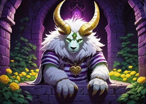 goatflower,lokportrait,feral goat,domestic goat,druid,fantasy portrait,druids,horned,portrait background,sheep portrait,labyrinth,lavandula,druid grove,devilwood,bard,druid stone,art bard,custom portrait,throne,mezzelune,Illustration,Vector,Vector 15