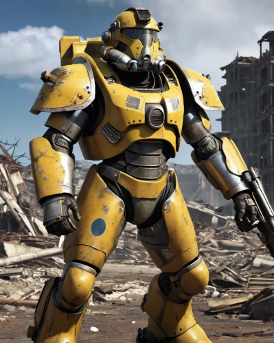 bumblebee,fallout4,mech,war machine,steel man,destroy,fallout,tau,dewalt,stud yellow,fresh fallout,kryptarum-the bumble bee,mecha,military robot,dreadnought,minibot,bot,cleanup,yellow and blue,robot combat,Illustration,Realistic Fantasy,Realistic Fantasy 10