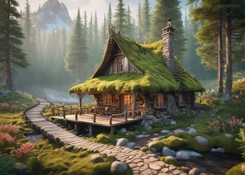 house in the forest,the cabin in the mountains,log cabin,small cabin,summer cottage,little house,house in mountains,cottage,house in the mountains,home landscape,wooden hut,small house,log home,wooden house,mountain hut,alpine village,alpine hut,mountain settlement,fairy house,lonely house,Conceptual Art,Fantasy,Fantasy 24