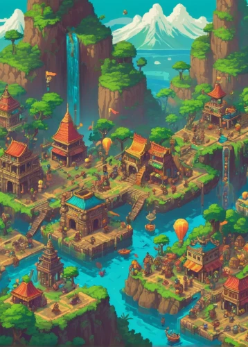 mountain village,ancient city,fishing village,floating islands,mountain settlement,resort town,villages,aurora village,fairy village,mountain world,alpine village,escher village,monkey island,popeye village,mushroom island,spa town,islands,floating island,knight village,traditional village,Unique,Pixel,Pixel 04