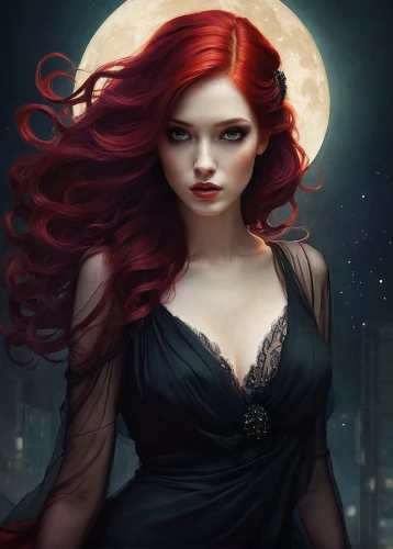 gothic woman,vampire woman,vampire lady,red-haired,scarlet witch,black widow,clary,gothic portrait,red head,redhead doll,sorceress,lady of the night,queen of the night,dark angel,gothic fashion,dark gothic mood,gothic dress,redhair,the enchantress,fantasy art,Illustration,Realistic Fantasy,Realistic Fantasy 15