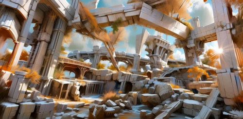 fragmentation,fractal environment,fractalius,destroyed city,wooden cubes,ice castle,wooden construction,3d fantasy,mandelbulb,cubic,background abstract,cardboard background,gaudí,ruins,cardboard,3d render,ruin,hanging houses,mountain settlement,paper ship